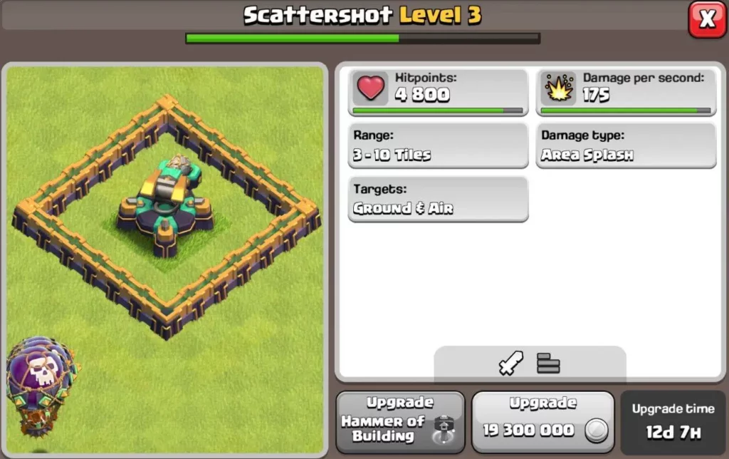 Scattershot Max Levels List Town Hall 13 to Town Hall 16 Stats 2024 Clash Of Clans
